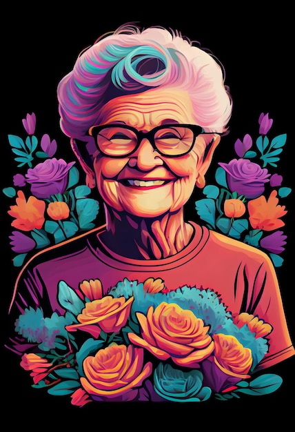 Una anciana con un ramo de flores.