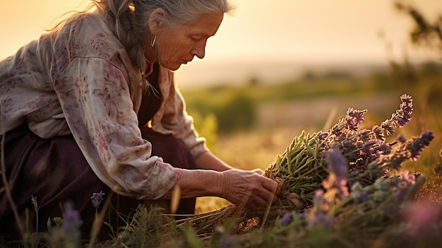 Una anciana recoge hierbas medicinales AI generativa