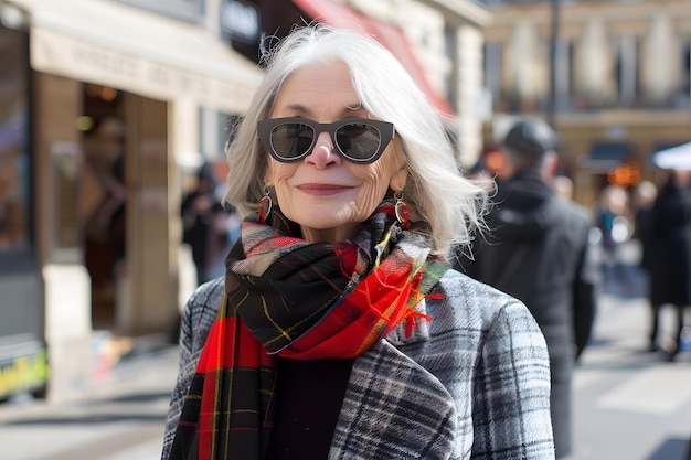 Una anciana refinada con gafas de sol irradia confianza en la bulliciosa calle de la ciudad.