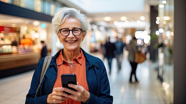 Una anciana relajada una clienta de mediana edad sostiene un teléfono inteligente usando una aplicación móvil en un centro comercial