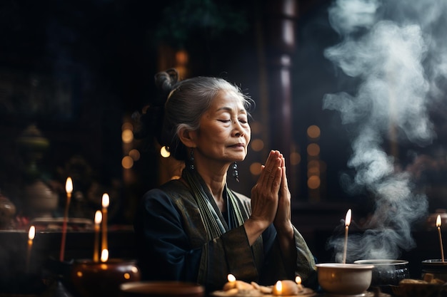 Anciana rezando en el templo en medio del humo del incienso