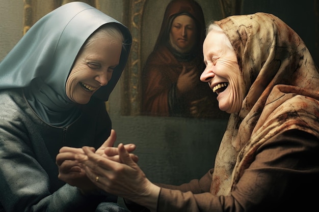 Una anciana se ríe mientras se toca.