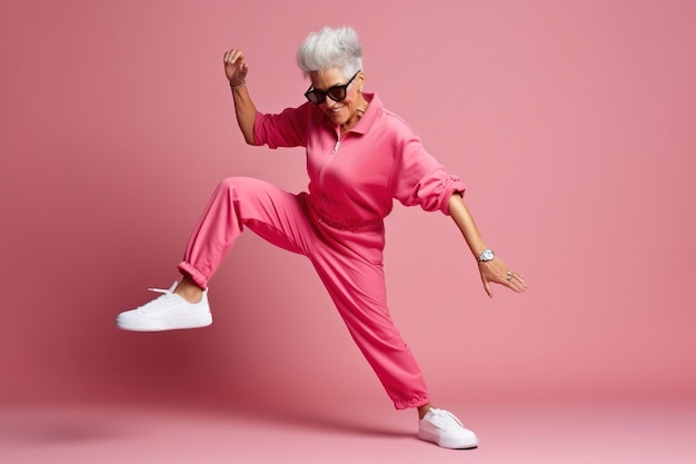 Anciana con ropa deportiva haciendo algunos movimientos de baile divertidos