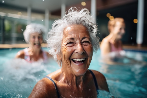 Una anciana sana y sonriente nadando en la piscina.