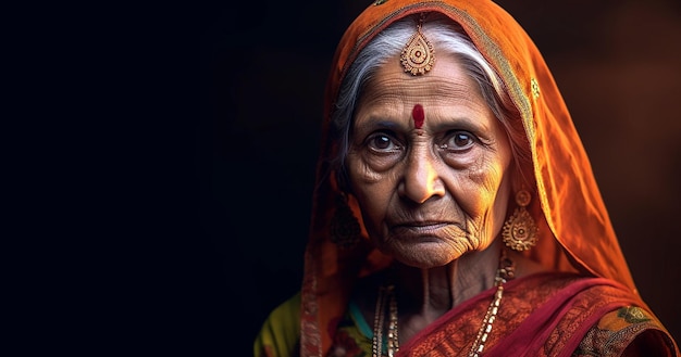 Una anciana con un sari rojo en la cabeza.