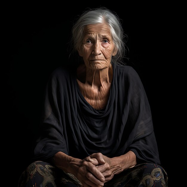 anciana sentada en un fondo negro