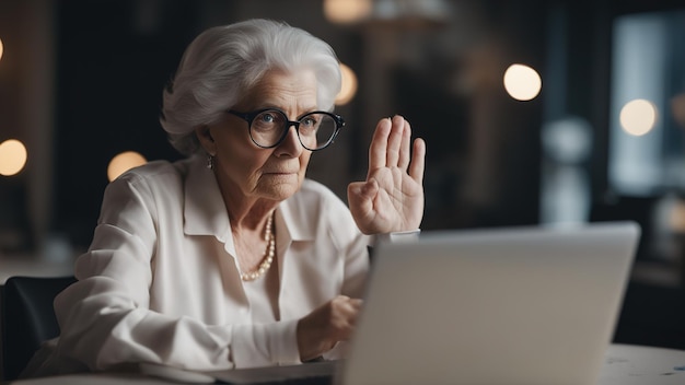 Una anciana sentada frente a la computadora no sabe qué hacer, confundida y llena de pánico, con lágrimas en los ojos