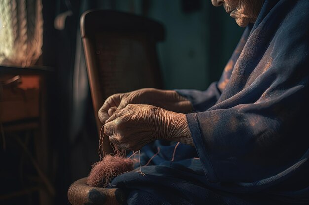 Una anciana sentada en su silla cosiendo con hilo IA generativa