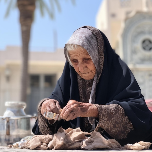 Una anciana sentada en el suelo con un tarro de comida.