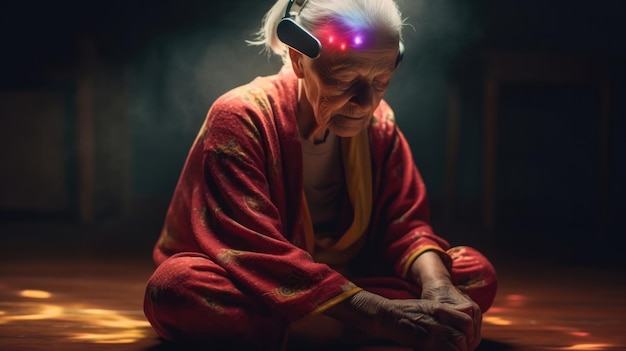 Una anciana serena en meditación con auriculares LED