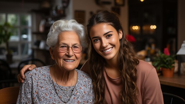 Foto una anciana siendo sostenida por una enfermera amable