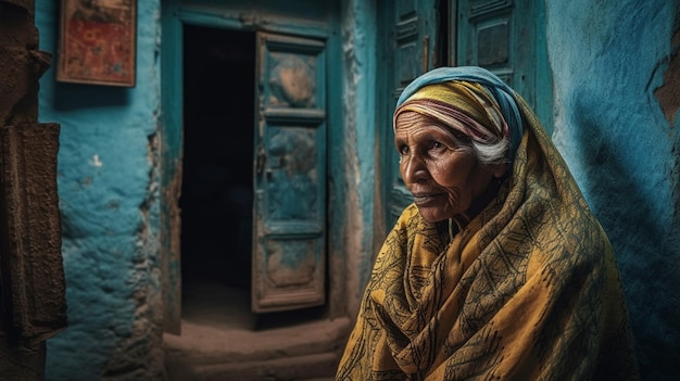 Una anciana se sienta frente a una puerta azul.