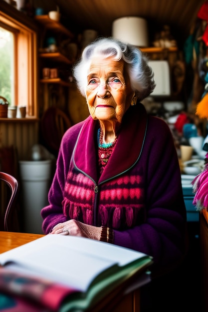 Una anciana se sienta en una mesa con un libro en la mano.