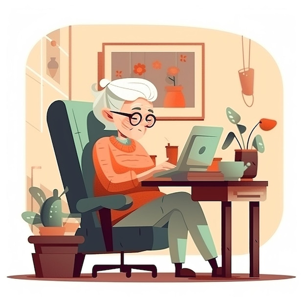 Una anciana se sienta en una silla frente a una imagen de una planta y un jarrón con flores.