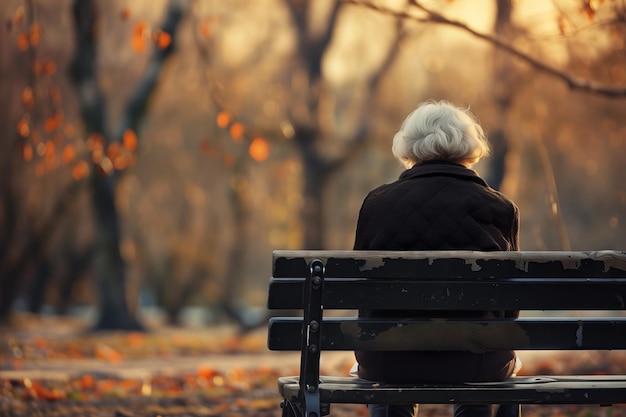 Una anciana se sienta sola en un banco del parque melancólica de aislamiento social y soledad