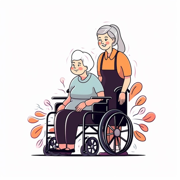 una anciana en silla de ruedas con una enfermera de pie junto a su ai generativa
