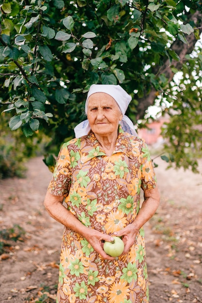 Anciana solitaria con manzana verde en manos de pie en el jardín frente a manzano