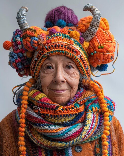 una anciana con un sombrero colorido que dice "cotiguado"