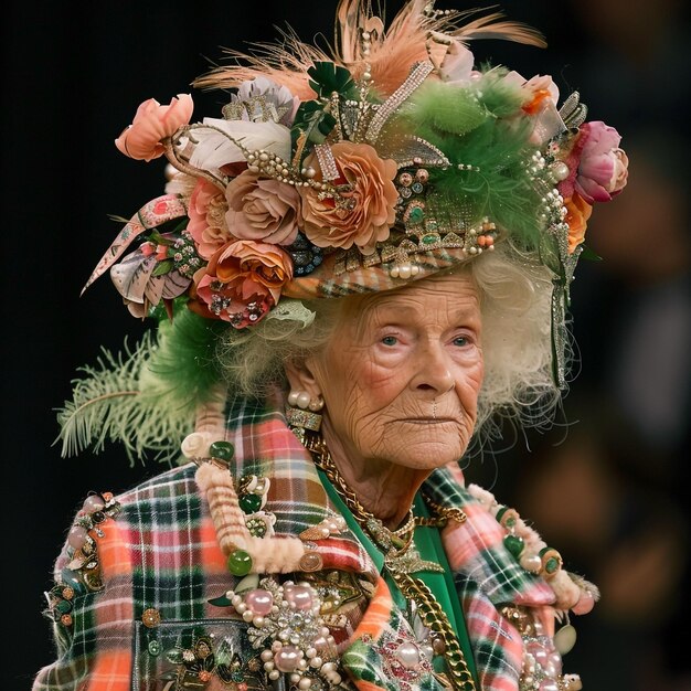 una anciana con un sombrero con flores en él