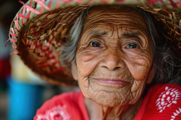 Una anciana con un sombrero de paja en la cabeza