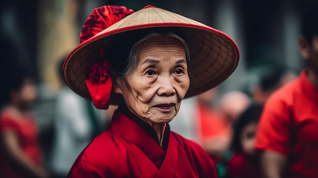 Una anciana con un sombrero rojo se para en una calle.