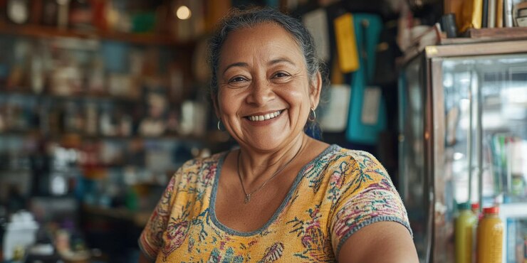 Una anciana sonriendo a la cámara en la tienda