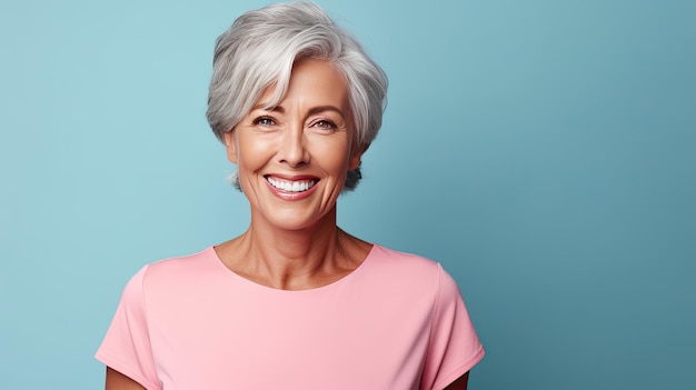 Una anciana sonriente con atuendo amarillo posó sobre un fondo amarillo