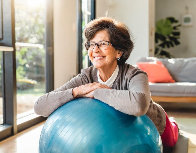 Una anciana sonriente descansando en una pelota deportiva suiza en casa