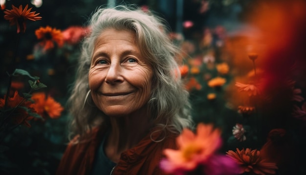 Una anciana sonriente disfruta de la belleza otoñal de la naturaleza generada por IA