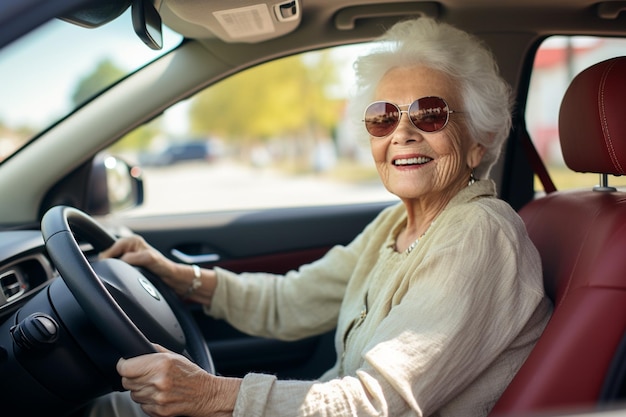 Una anciana sonriente con gafas de sol conduciendo un concepto de coche de vejez activa