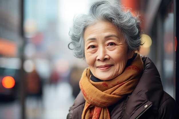 anciana sonriente de pelo gris con una chaqueta gris y bufanda en un fondo borroso de la calle de la ciudad