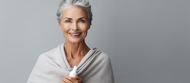 Foto anciana sosteniendo lápiz labial y sonriendo