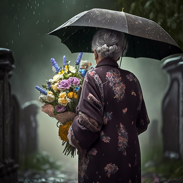 Una anciana sosteniendo un ramo de flores bajo la lluvia.