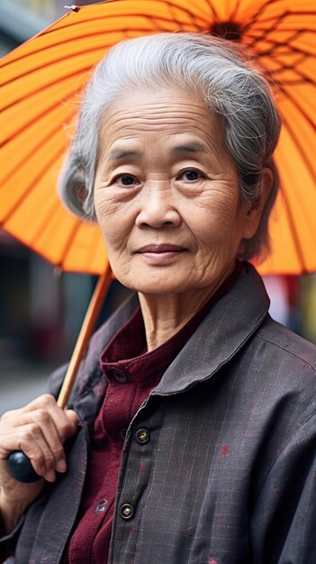 una anciana sostiene un paraguas con un top rojo.