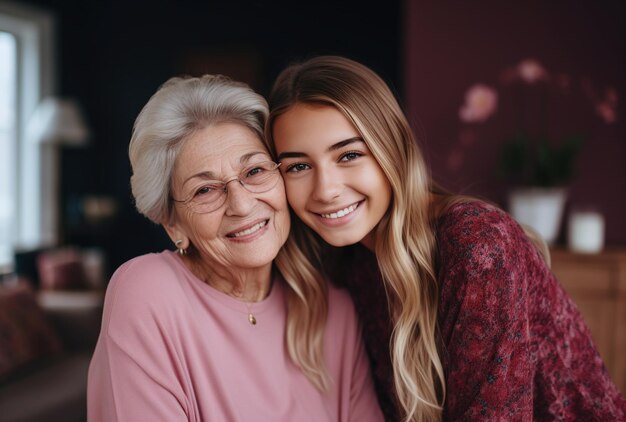 Una anciana y su hermosa nieta están sonriendo.