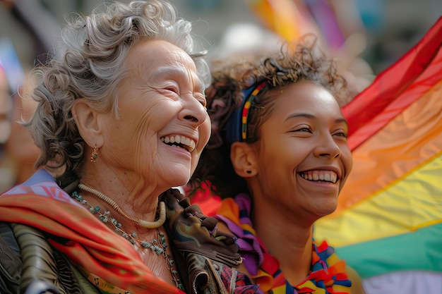 Una anciana y su nieta sonríen sosteniendo la bandera del arco iris celebrando el Desfile del Orgullo LGBTQIA