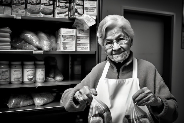 Anciana en una tienda de comestibles sosteniendo bolsas con una cálida sonrisa en blanco y negro