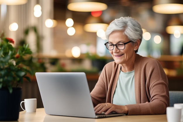 Una anciana trabajando en una computadora portátil con enfoque y felicidad generada por la IA
