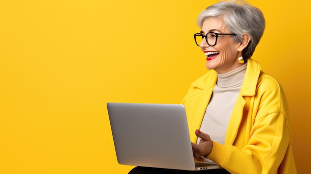 Anciana trabajando en una laptop con un fondo amarillo