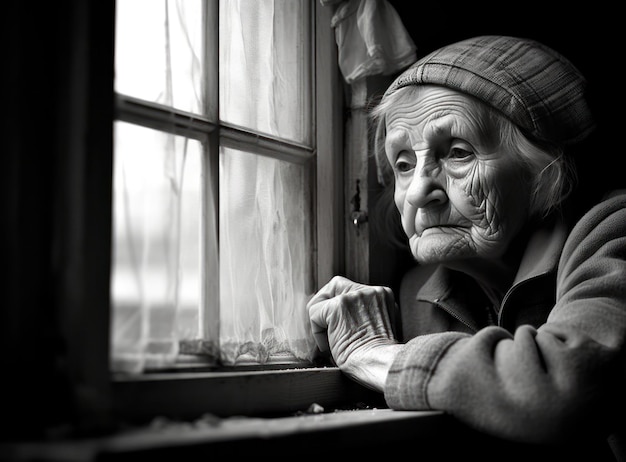 Una anciana triste mirando por una ventana