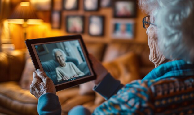 Una anciana usa un pad para navegar por las redes sociales y conversar con amigos y familiares