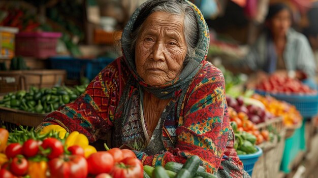 Foto una anciana está vendiendo verduras en un mercado