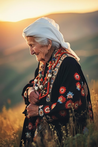Una anciana vestida con ropa folclórica tradicional búlgara caminando entre las montañas y los campos