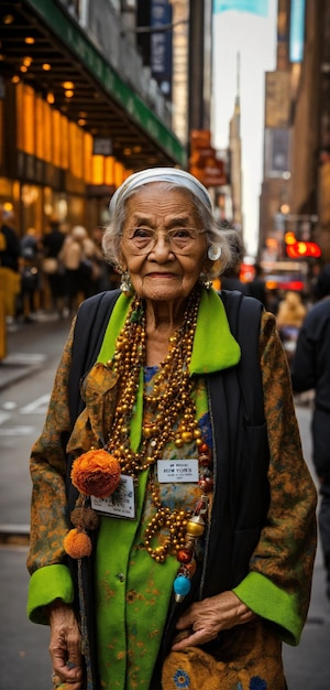 una anciana con un vestido amarillo está caminando por la calle