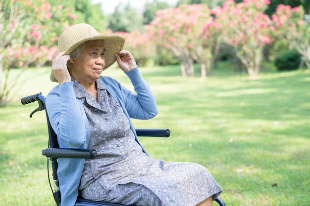 Una anciana viajera con sombrero de paja sentada en silla de ruedas para viajar en el parque