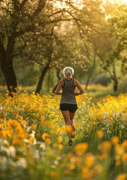 Una anciana vital corre en un parque en flor