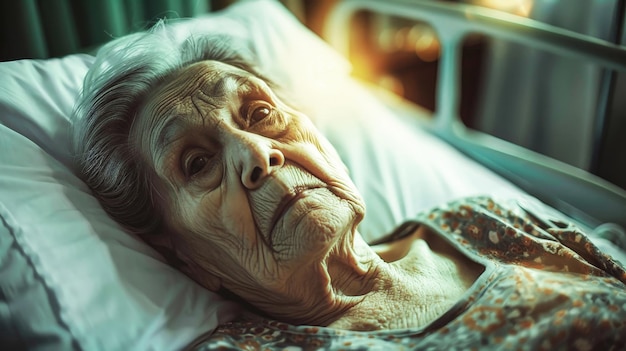 Foto una anciana yace en paz en una cama de hospital rodeada por el suave resplandor de los equipos médicos y el débil zumbido de las máquinas hospitalarias