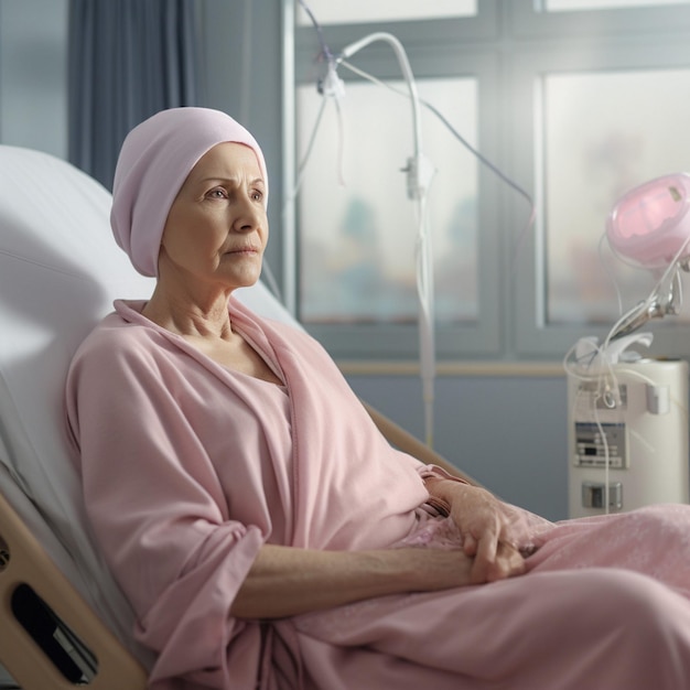 Foto ancianas pacientes con cáncer descansando en una cama brillo de vida en los ojos generados por la ia.