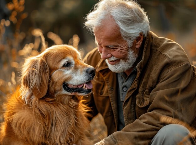 Foto un anciano acaricia a un perro en el campo