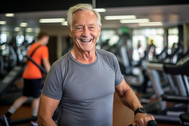 Un anciano activo encarna la alegría y la determinación en el entrenamiento en el gimnasio